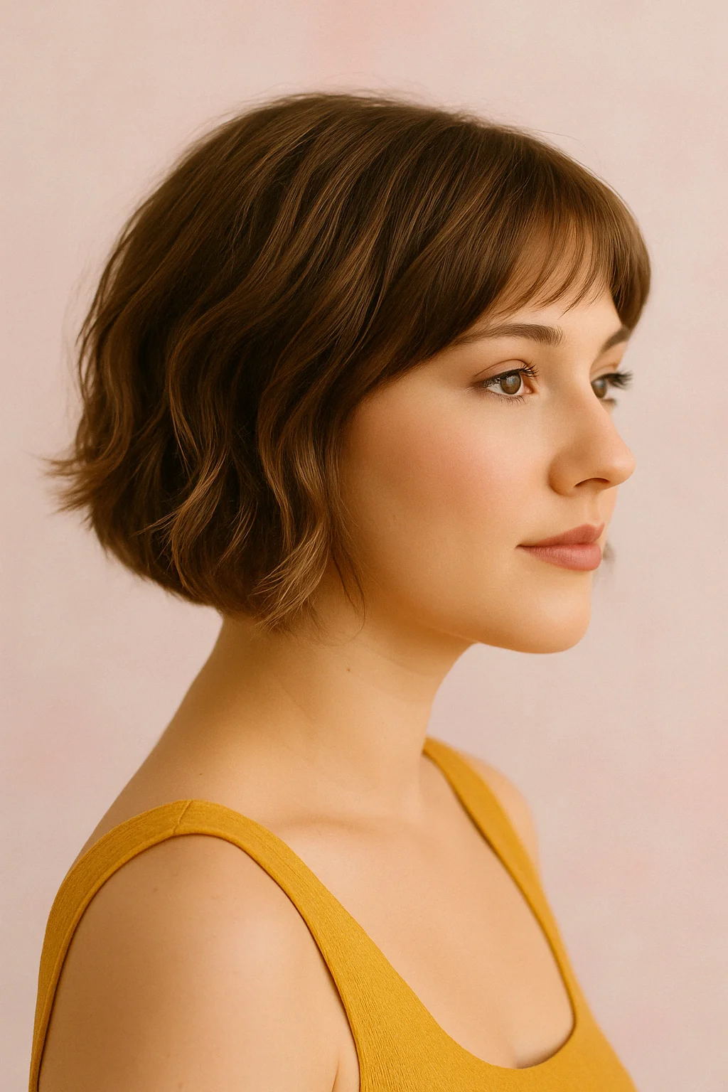 Chin-length textured bob hairstyle with soft layers, flattering for round faces by adding structure and elongating the neck.