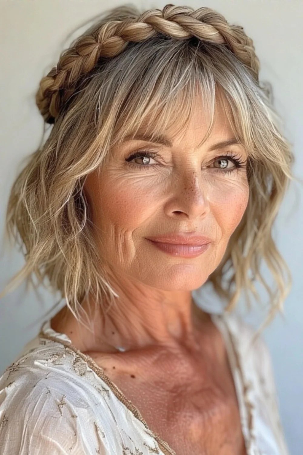 Loose bohemian-style crown braid perfect for a relaxed, romantic short hairstyle.