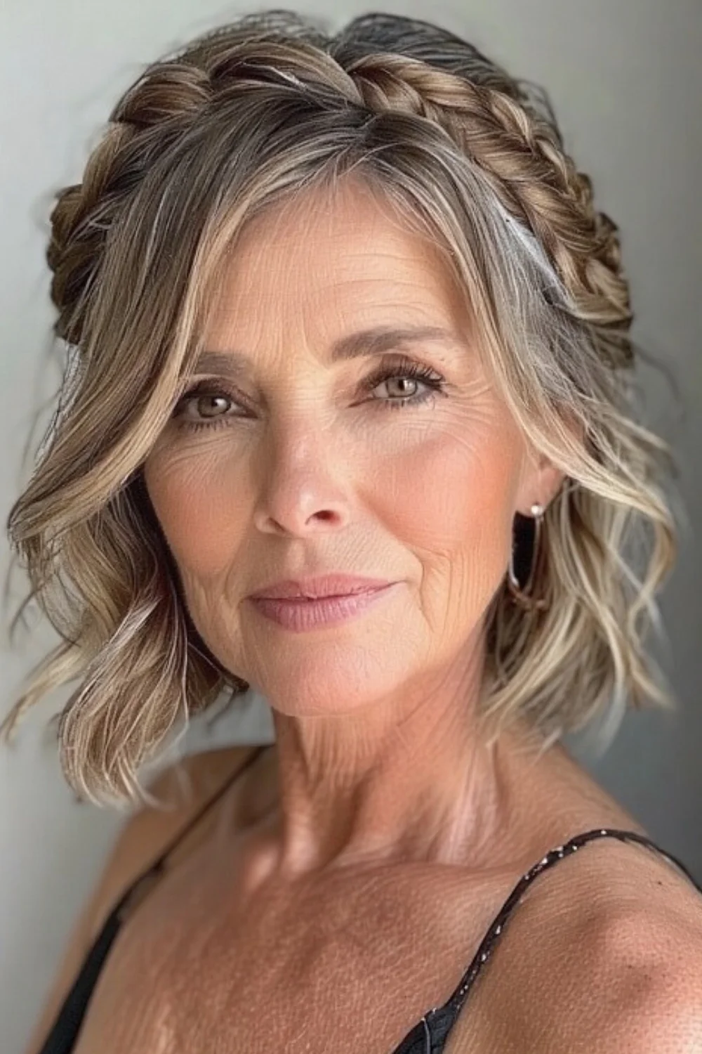 Classic crown-style French braid wrapped around the head for an elegant short-hair updo.