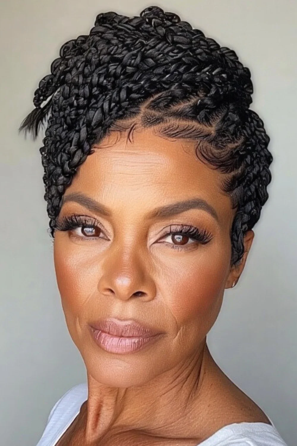 Short hair styled with cornrow-inspired braids for a bold and structured look.