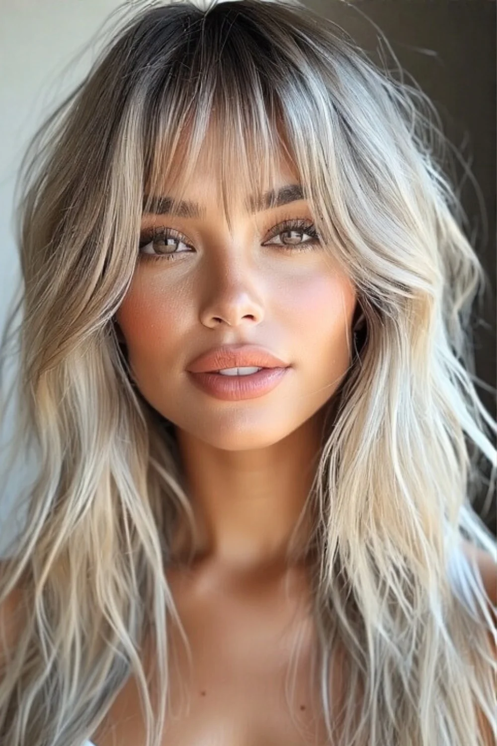 A hairstyle featuring curtain bangs with beachy layers for a soft, effortless look.