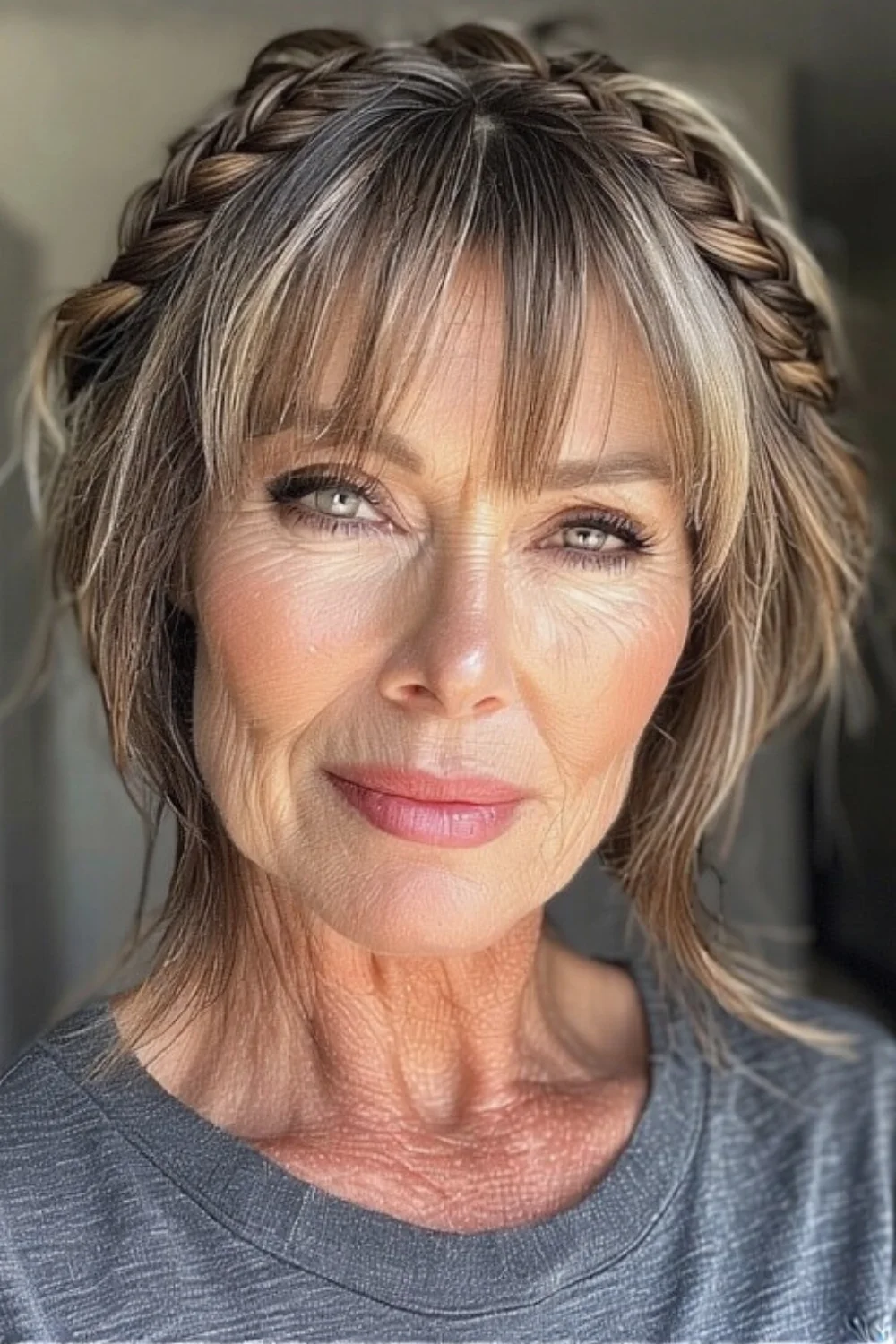 Double braided bangs pulled back to open the face and add interest.