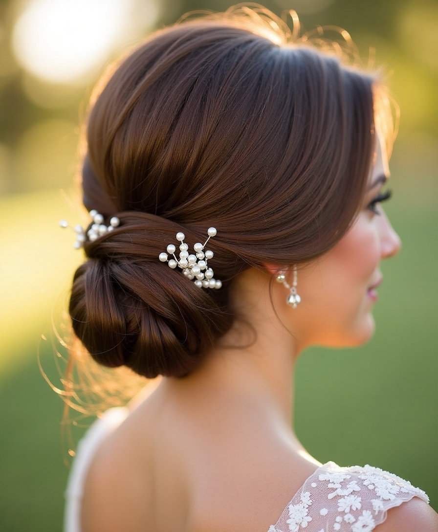 elegant low bun pearls