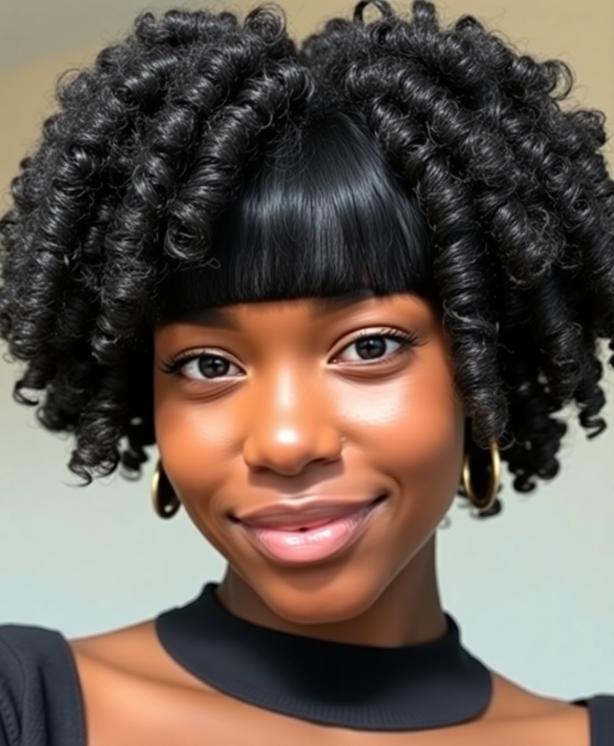 kinky curls with blunt bangs