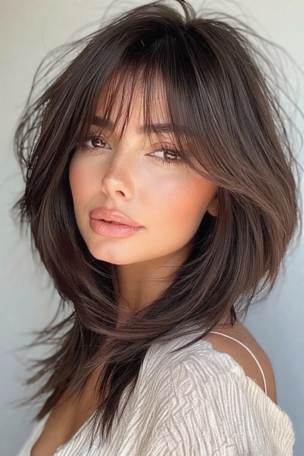 Layered long bob with soft volume and movement, perfect for fine or thick hair.