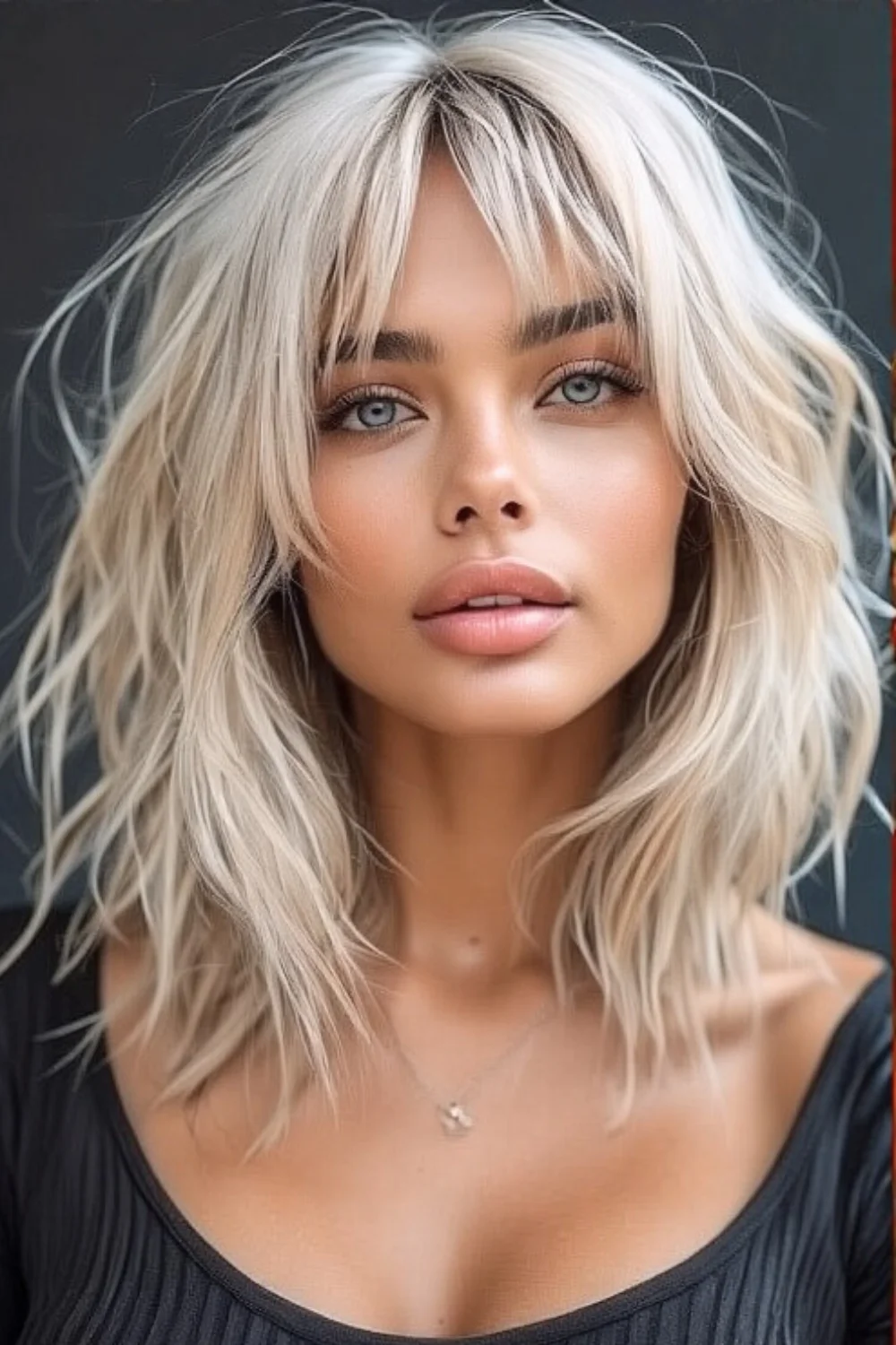 Long bob with airy curtain bangs and soft texture around the cheekbones.