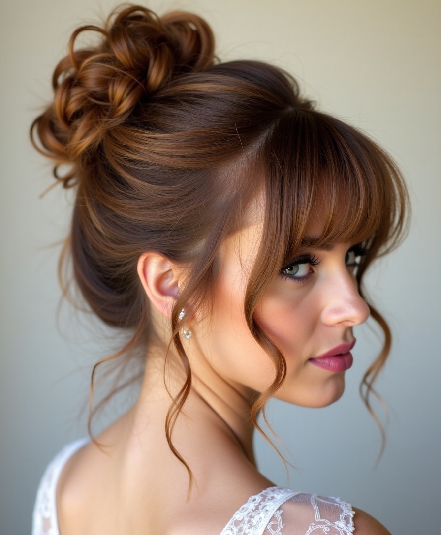 messy bun with bangs