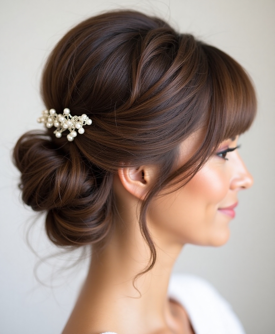 pearl adorned side swept updo