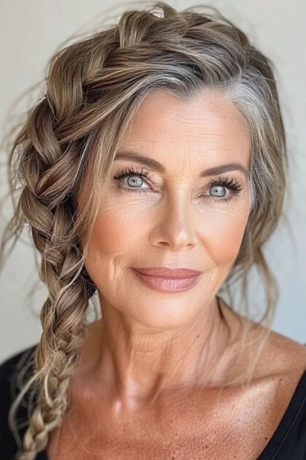 Dutch braid swept to the side for a romantic, face-framing effect on short hair.