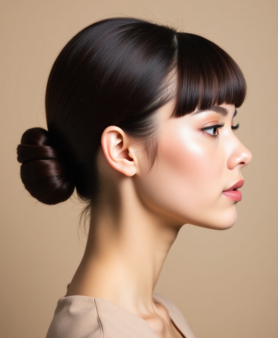 sleek chignon with bangs