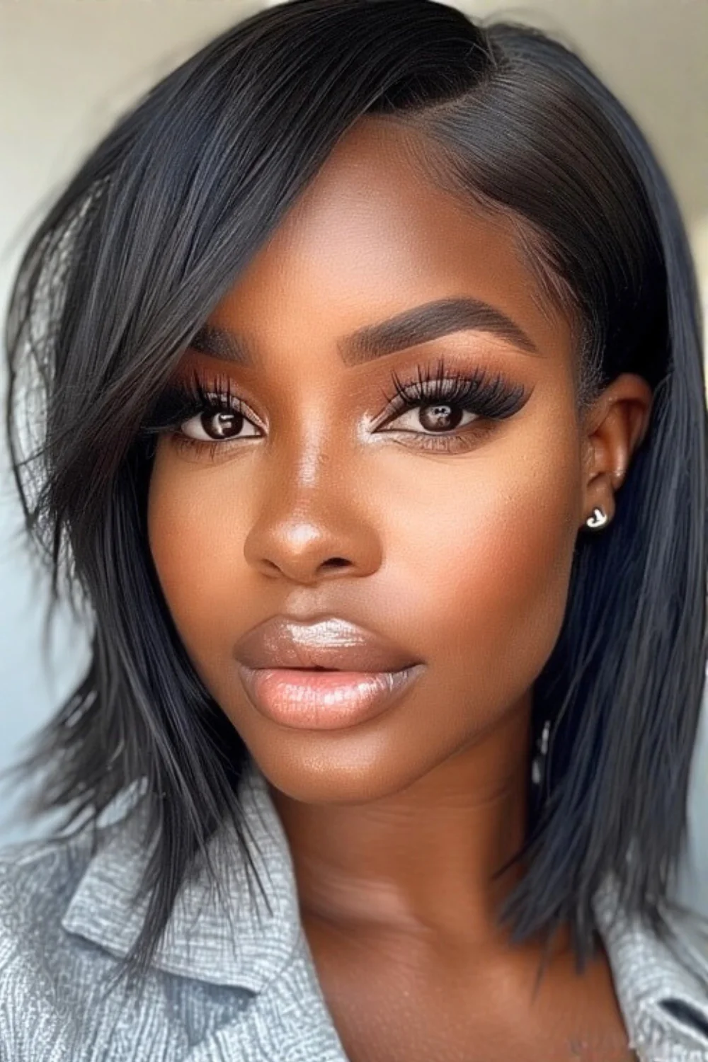 Asymmetrical natural bangs adding edgy dimension to hairstyle.

