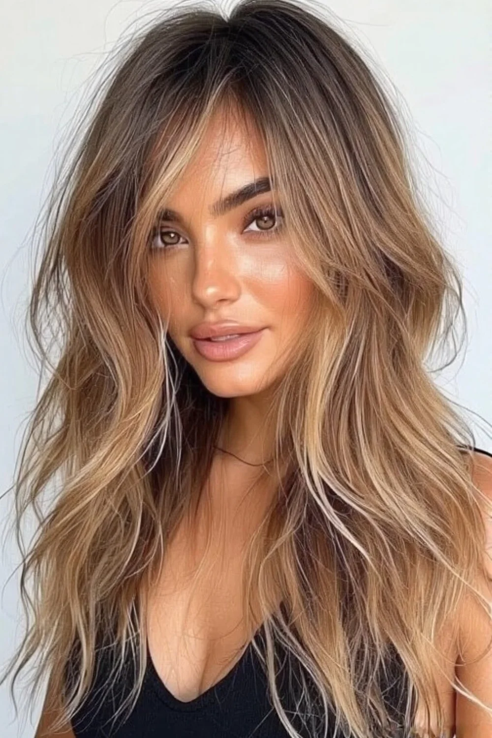 Cascading waterfall layers hairstyle with soft flow.