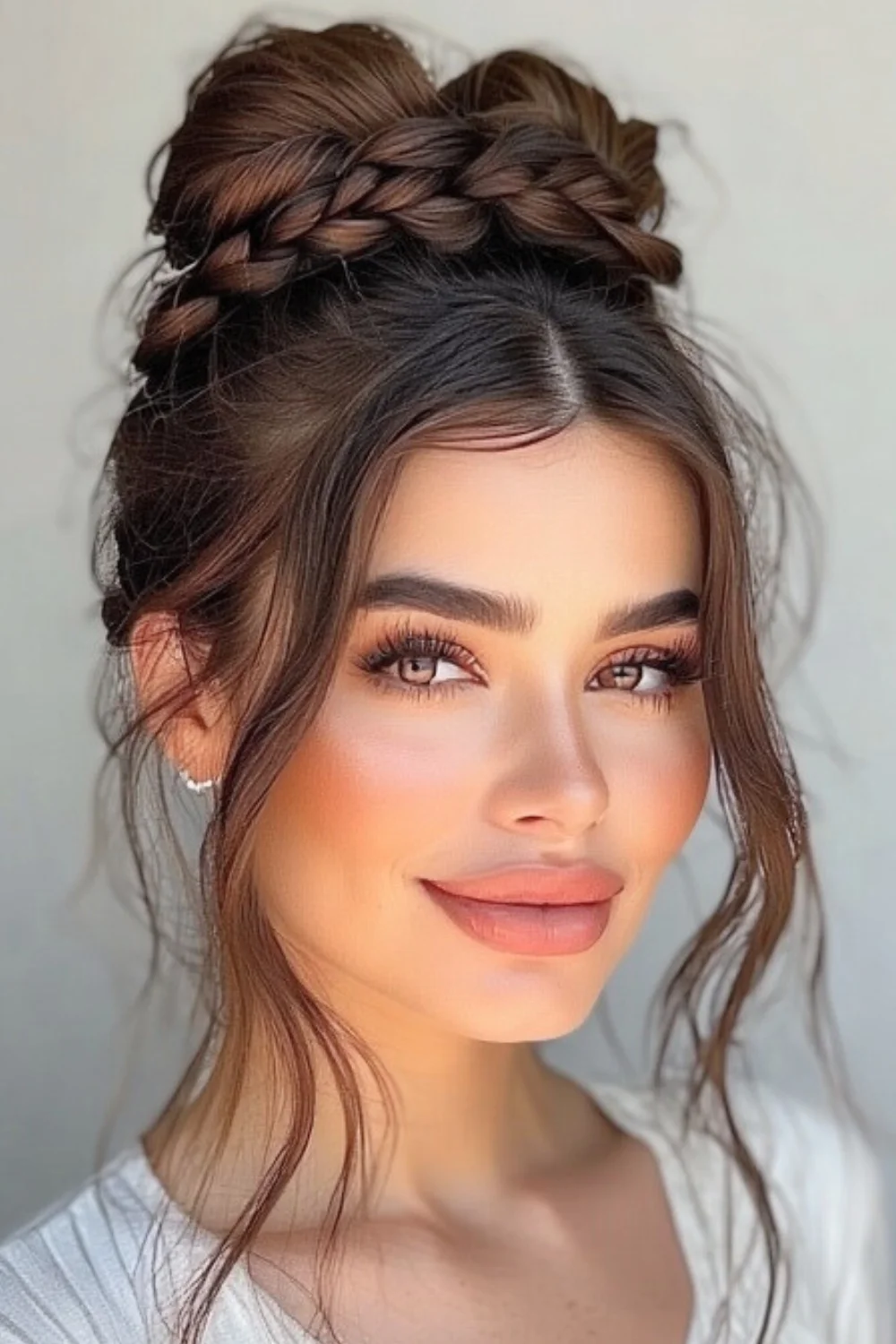 Elegant double waterfall braid combined with a high twisted knot for a chic look.
