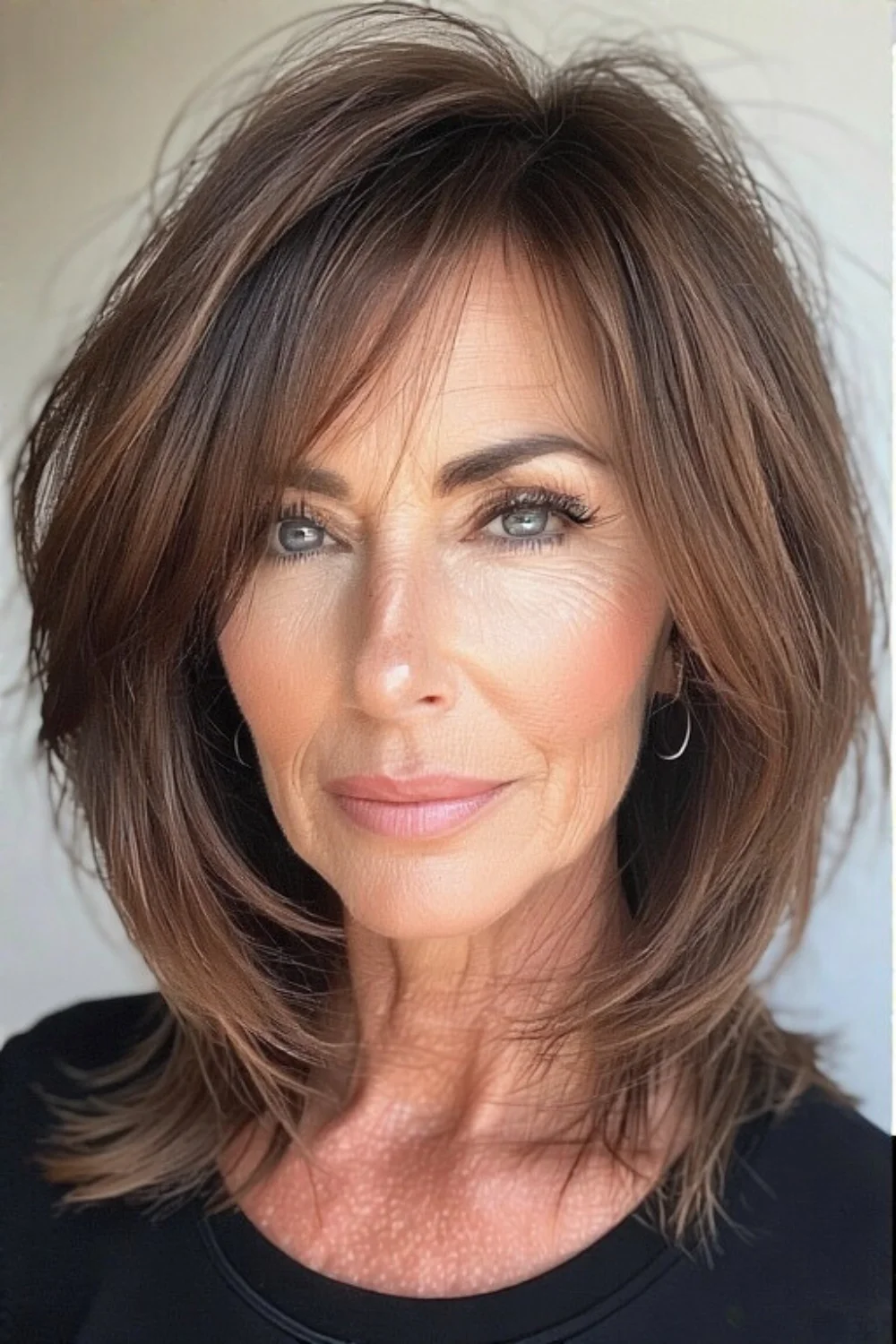 Face-framing layers styled with a soft side sweep.
