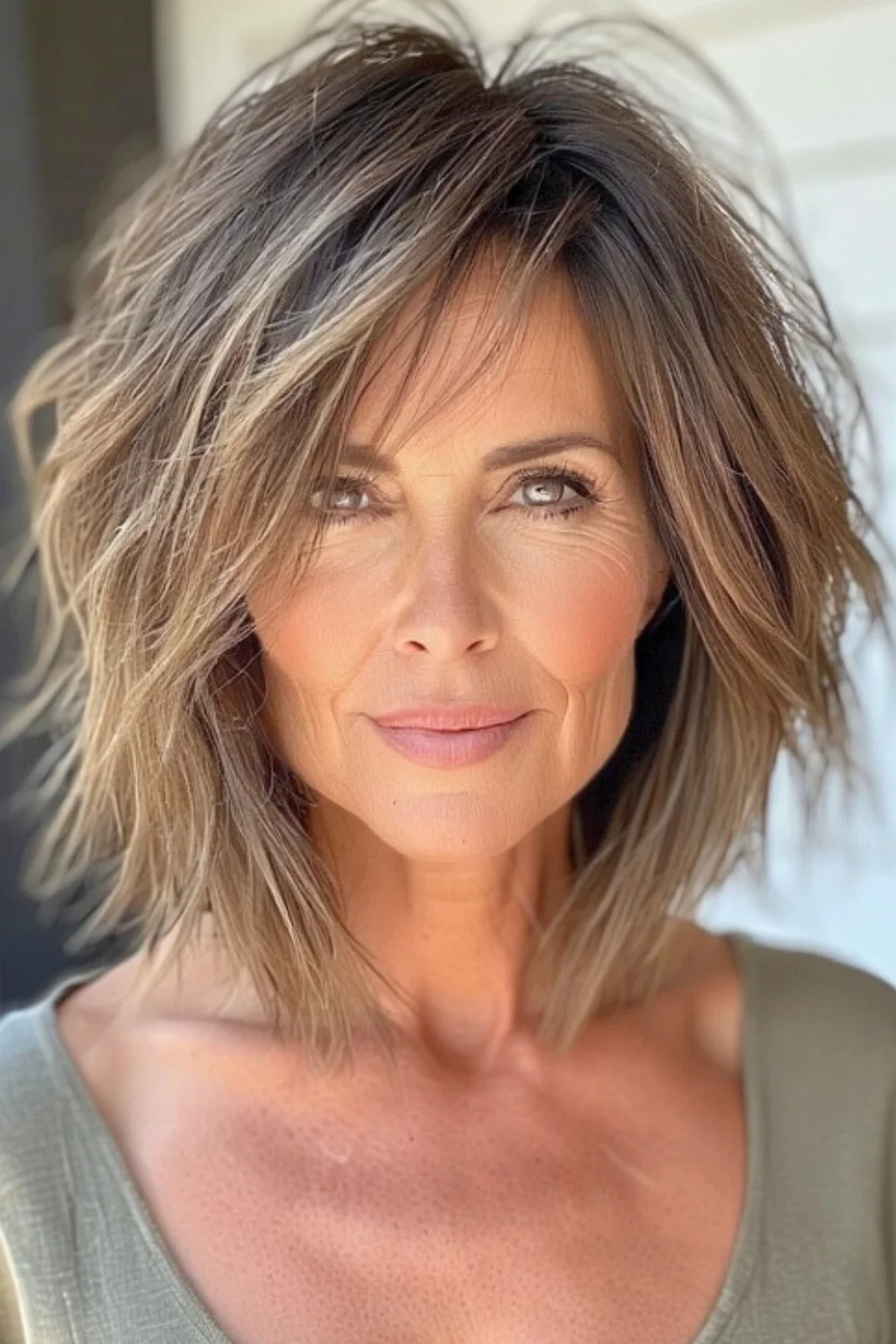 Tousled bob hairstyle that's easy to maintain and stylish.
