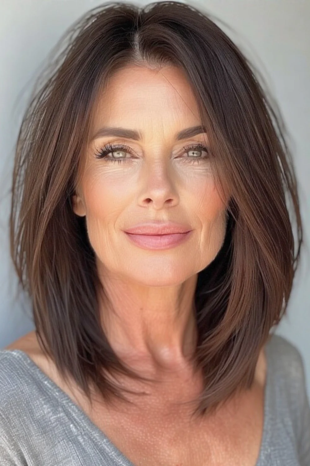 Sleek hairstyle with a sophisticated center part.
