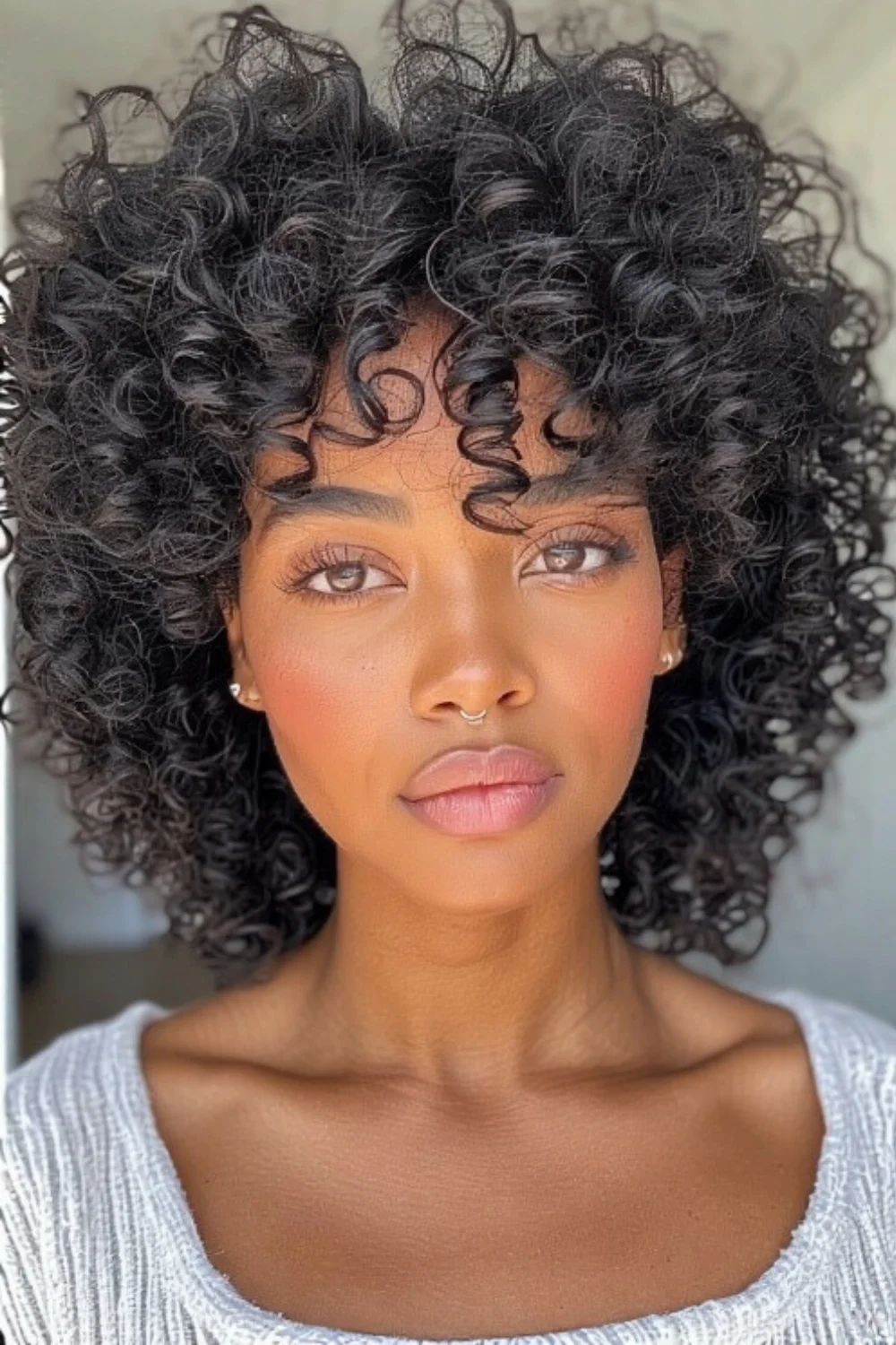 Spiral curl bangs styled for added volume and bounce.
