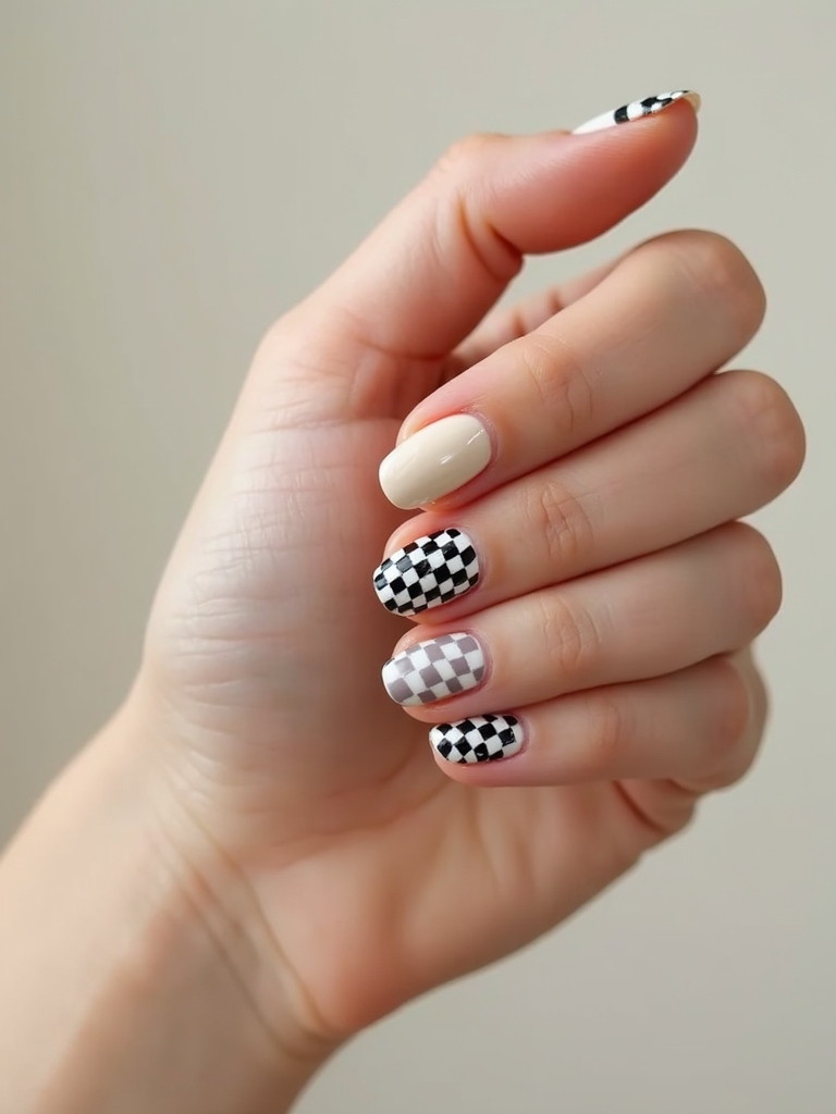 bold monochrome checkerboard nails
