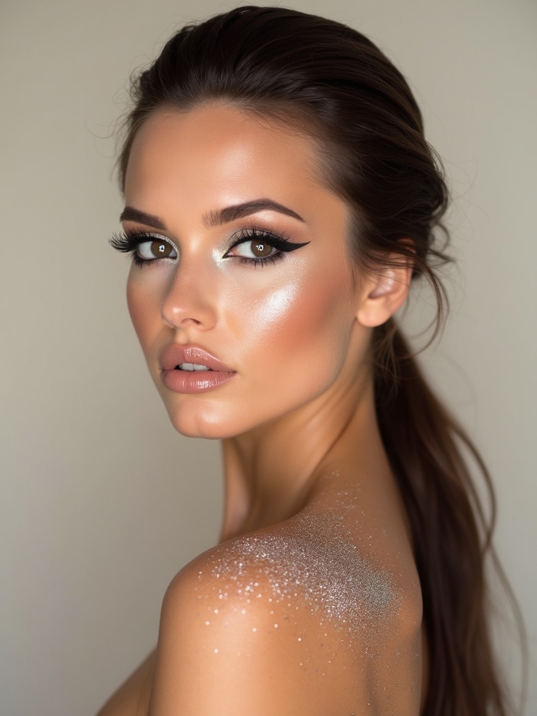 bronzed glittered shoulders and collarbone