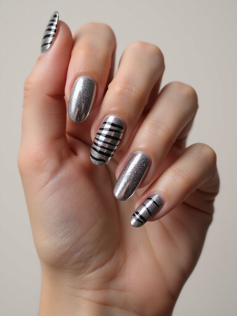 chrome zebra striped mirror nails