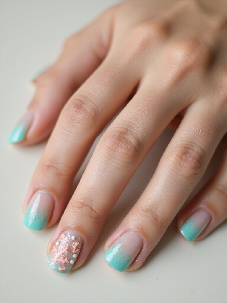 coral accented milky reef manicure