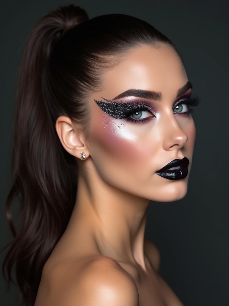 glittered dramatic bat wing liner