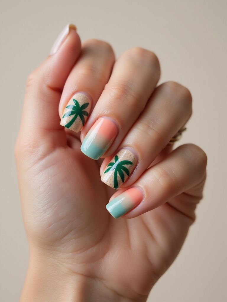 inky palm frond sunset nails
