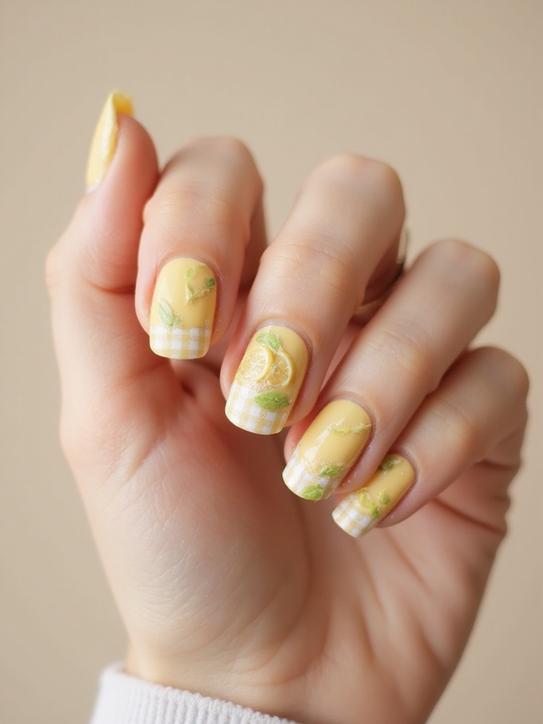 lemon gingham picnic nailset