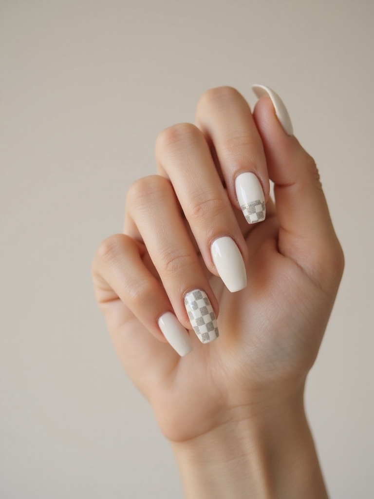 micro check white accent nails