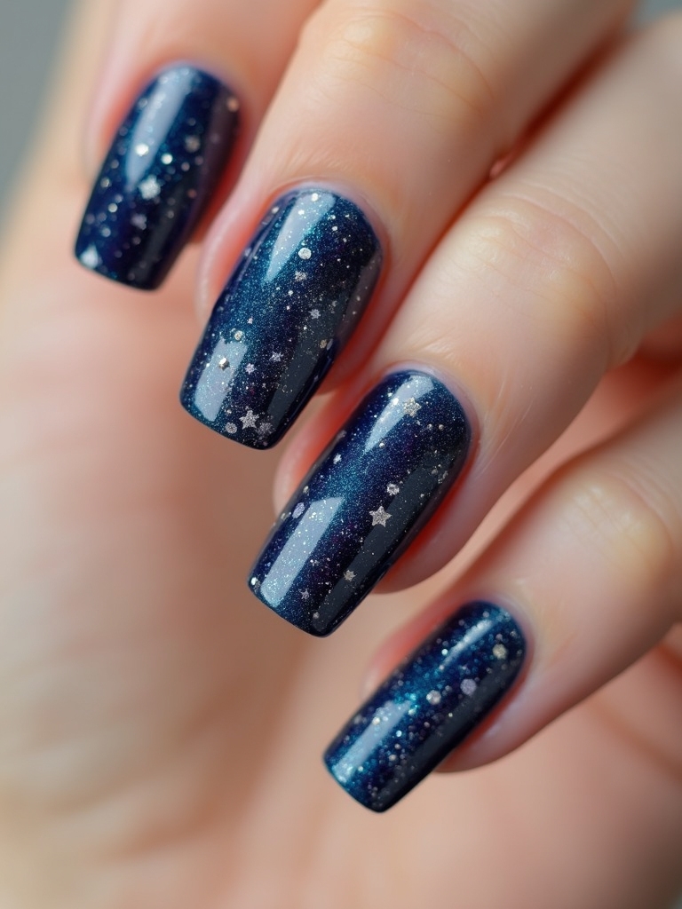 midnight indigo glittered starry nails