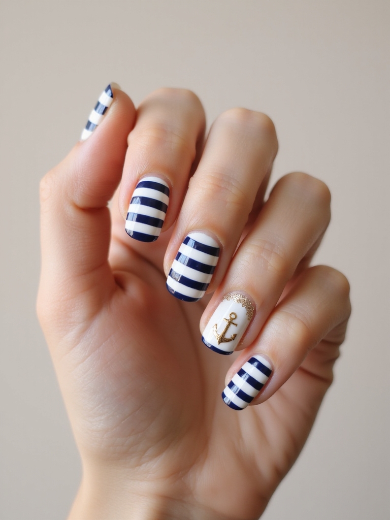 navy striped nails with anchor