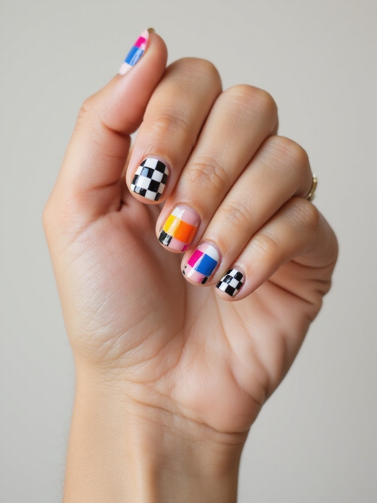 neon checkerboard comic nails