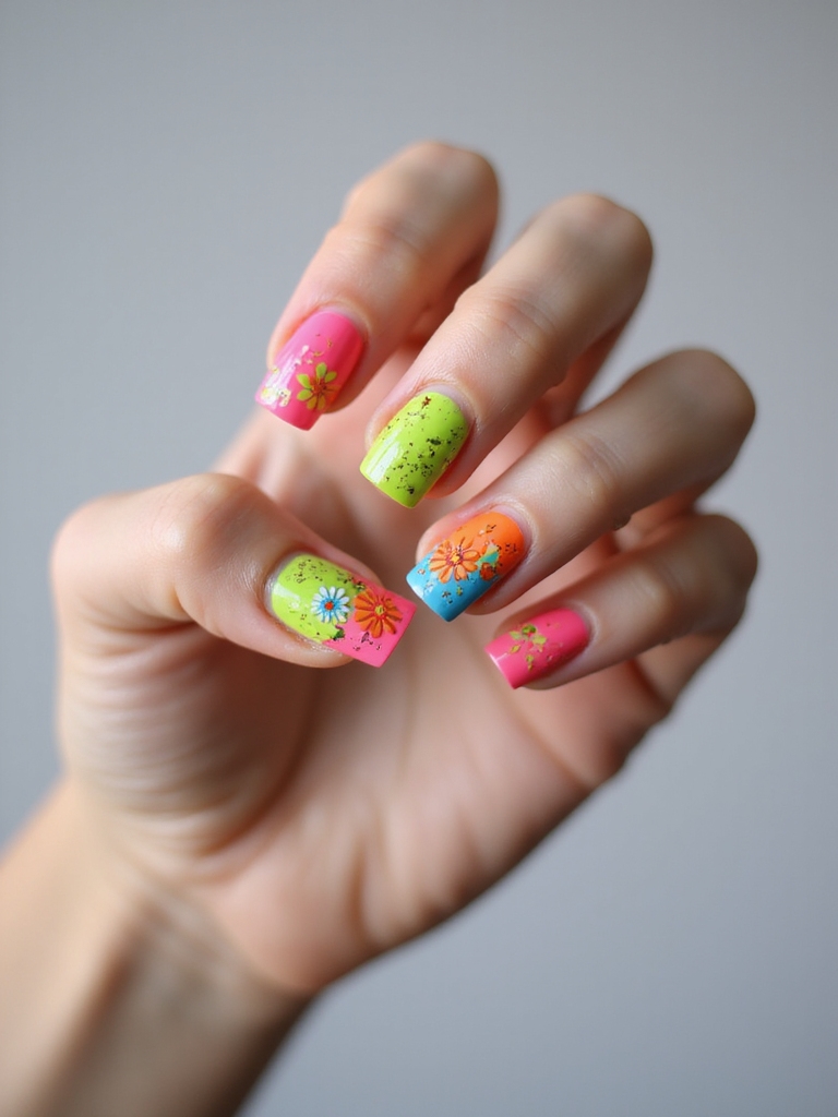 neon floral nails with rhinestones