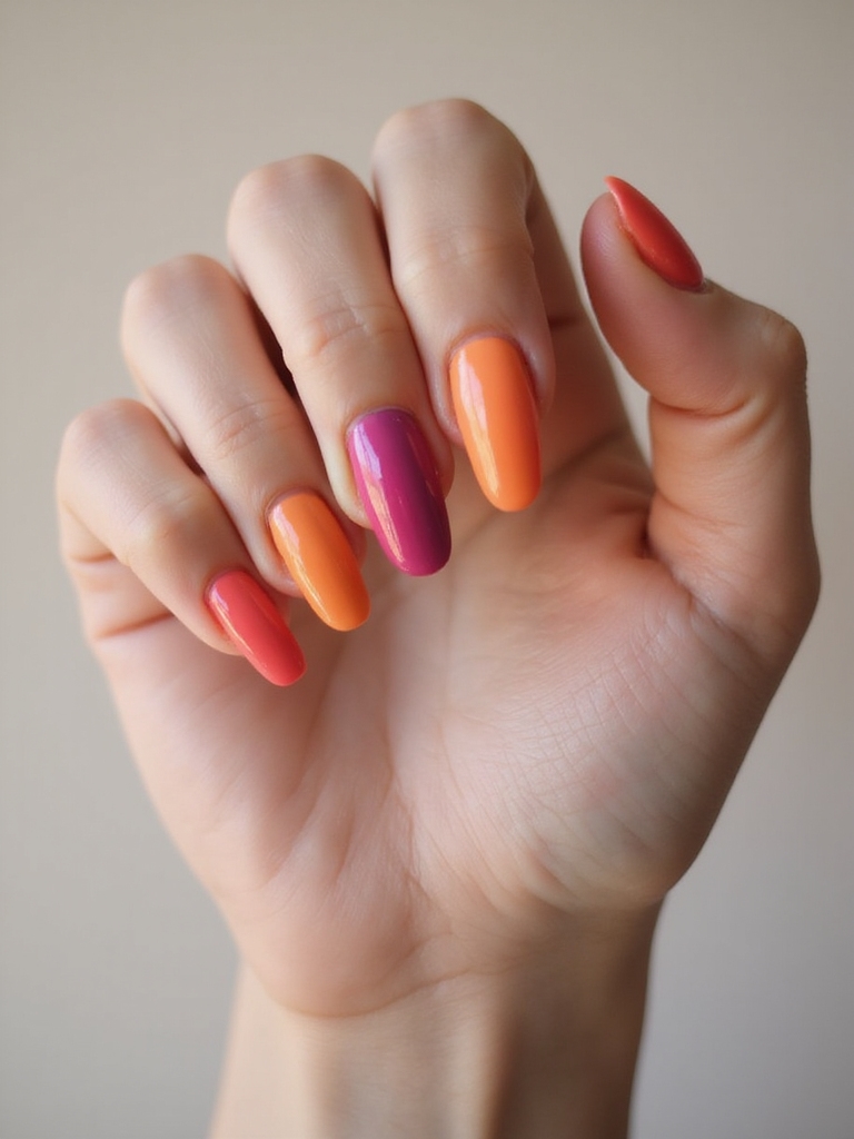 neon sunset five color manicure
