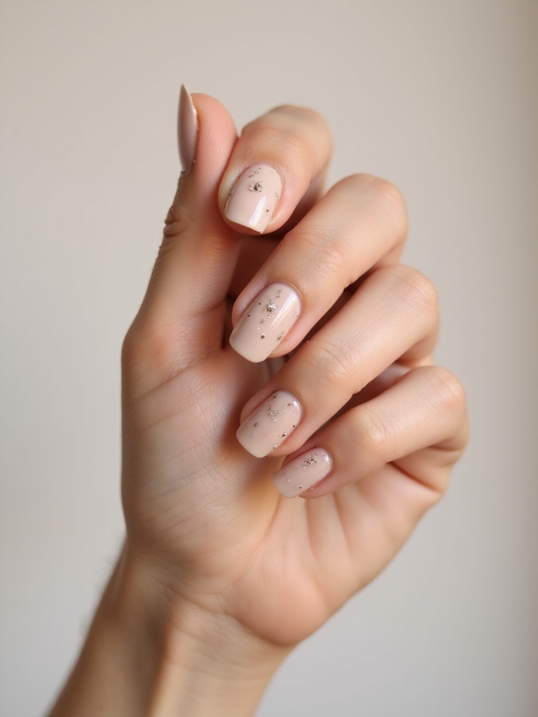 nude manicure with chrome dots