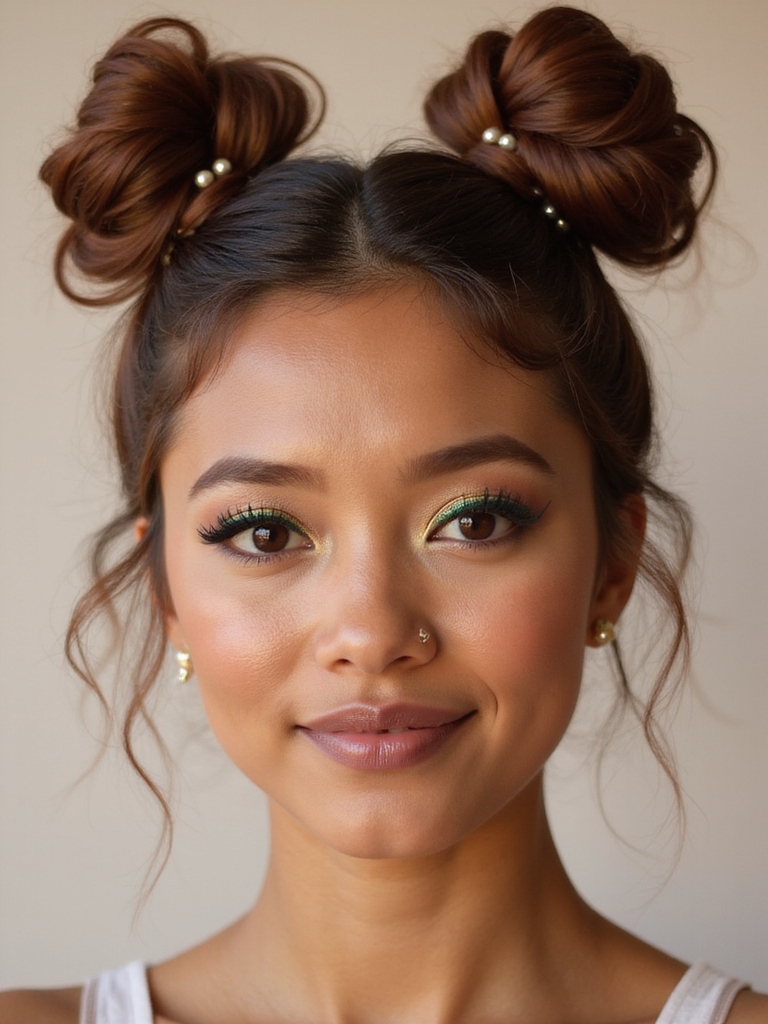 playful space buns hairstyle