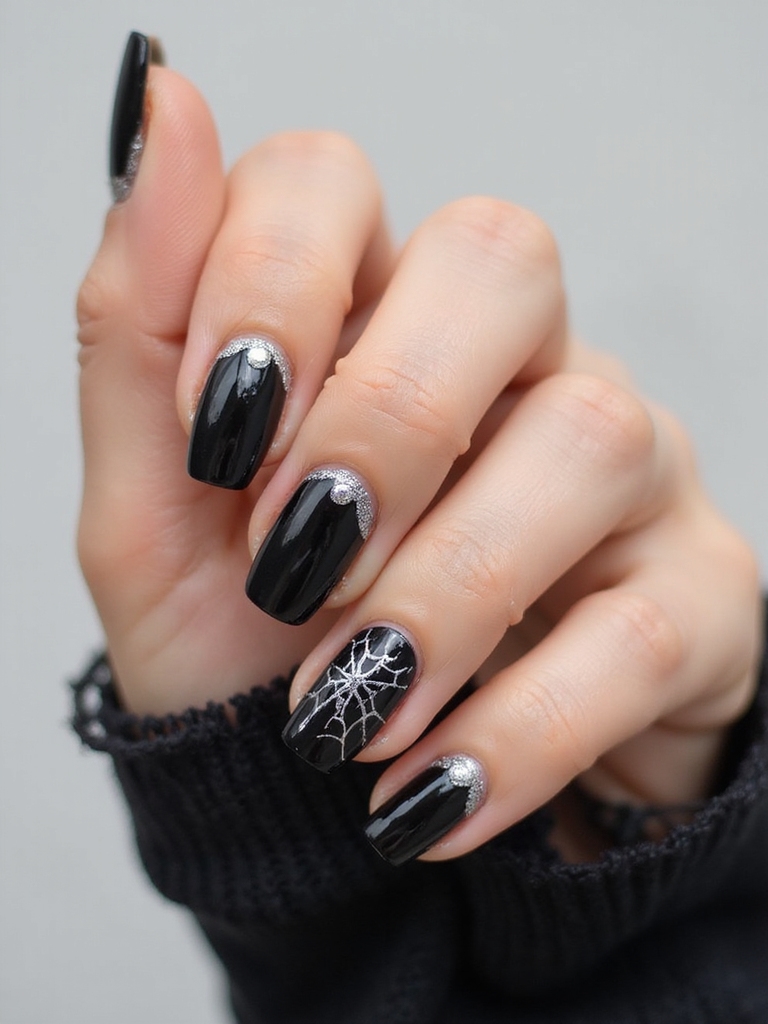 silver webbed chrome dotted manicure