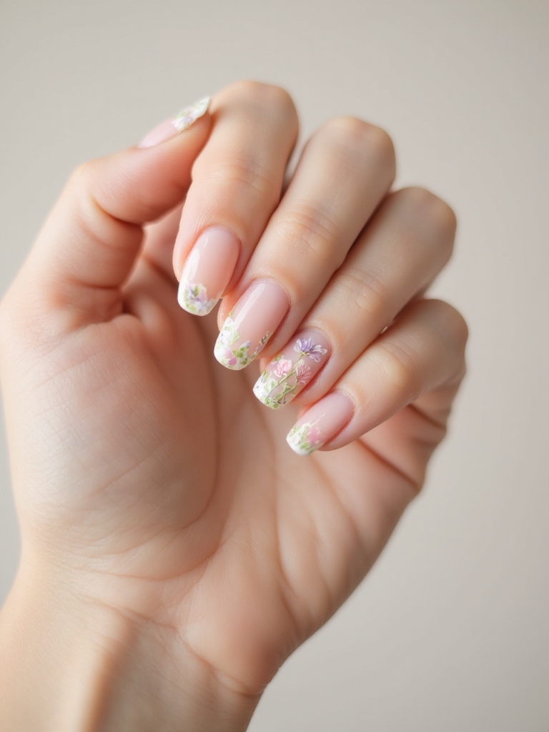 whisper thin floral nude manicure