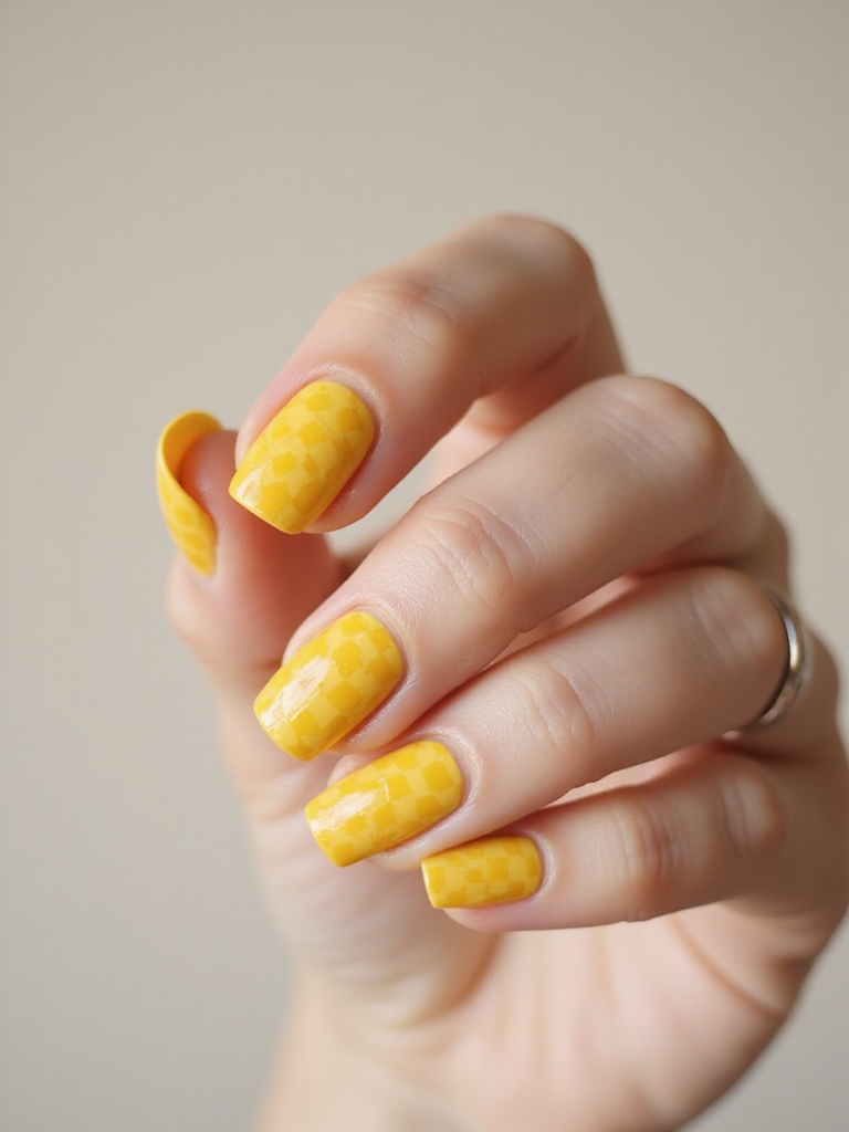 bold yellow checkerboard nails