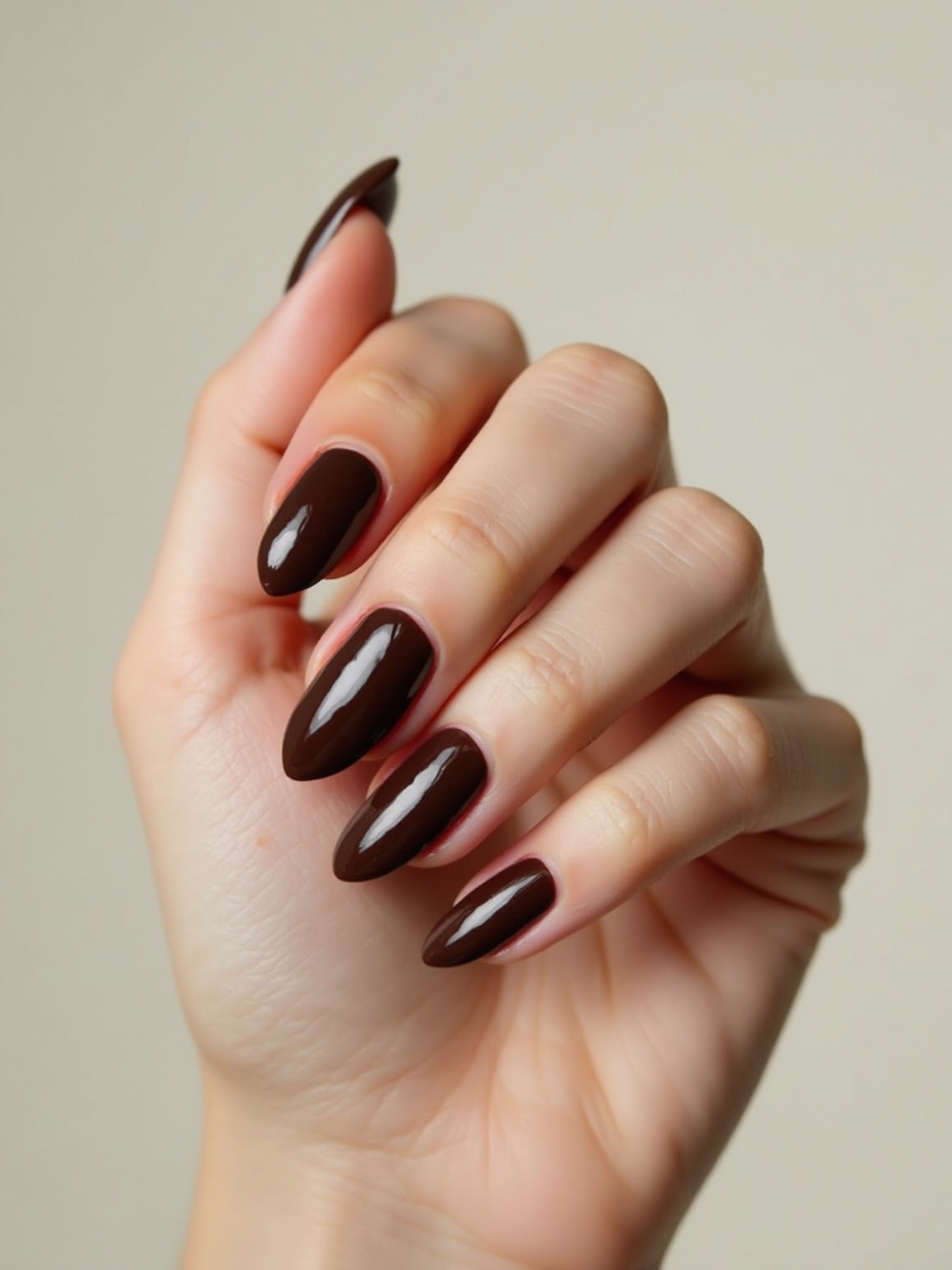 glossy cocoa toned rounded nails