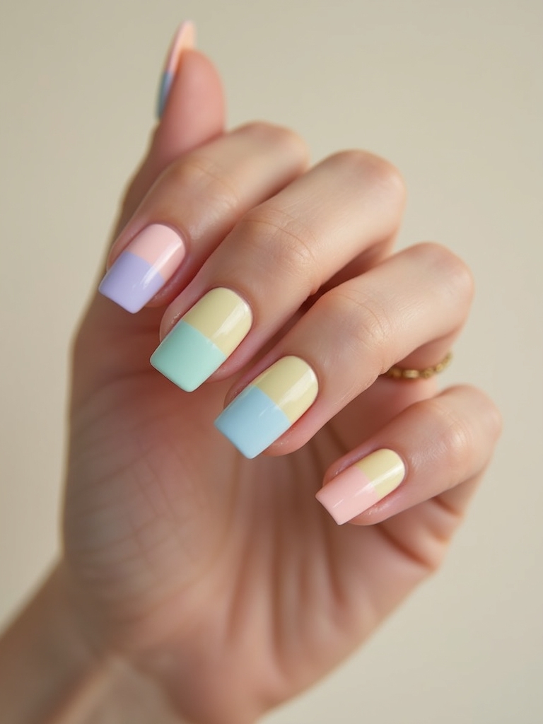glossy color blocked pastel nails