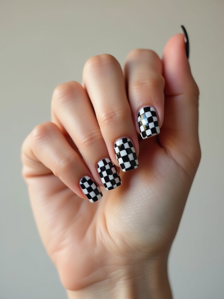 glossy monochrome checkerboard nails