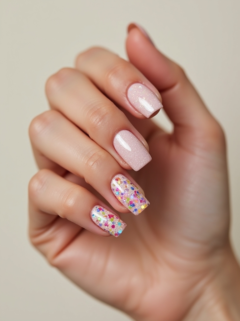 glossy nude confetti accents