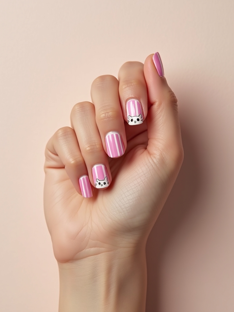 hello kitty striped nails