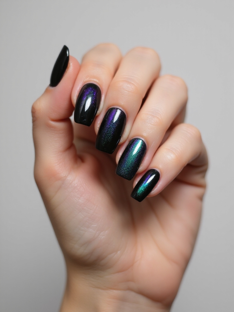 holographic noir oil slick nails