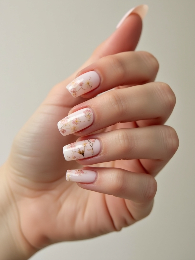milky nails with florals