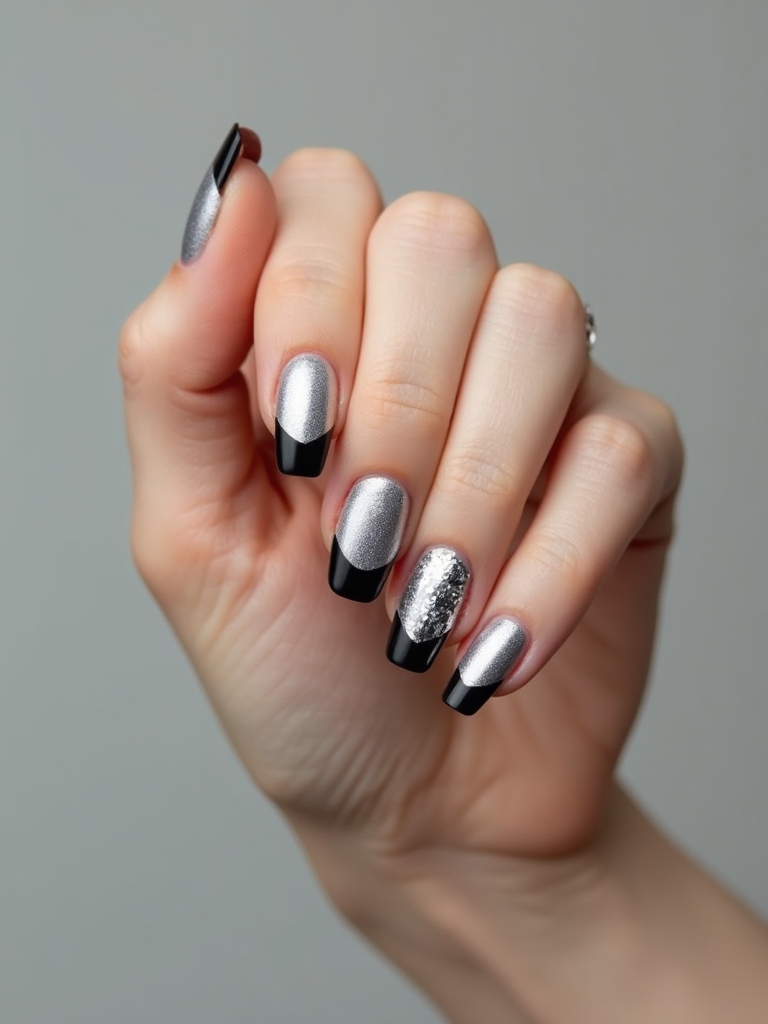 mixed metal silver black manicure