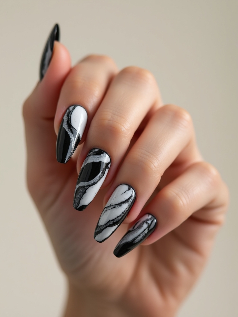 monochrome marble stiletto nails