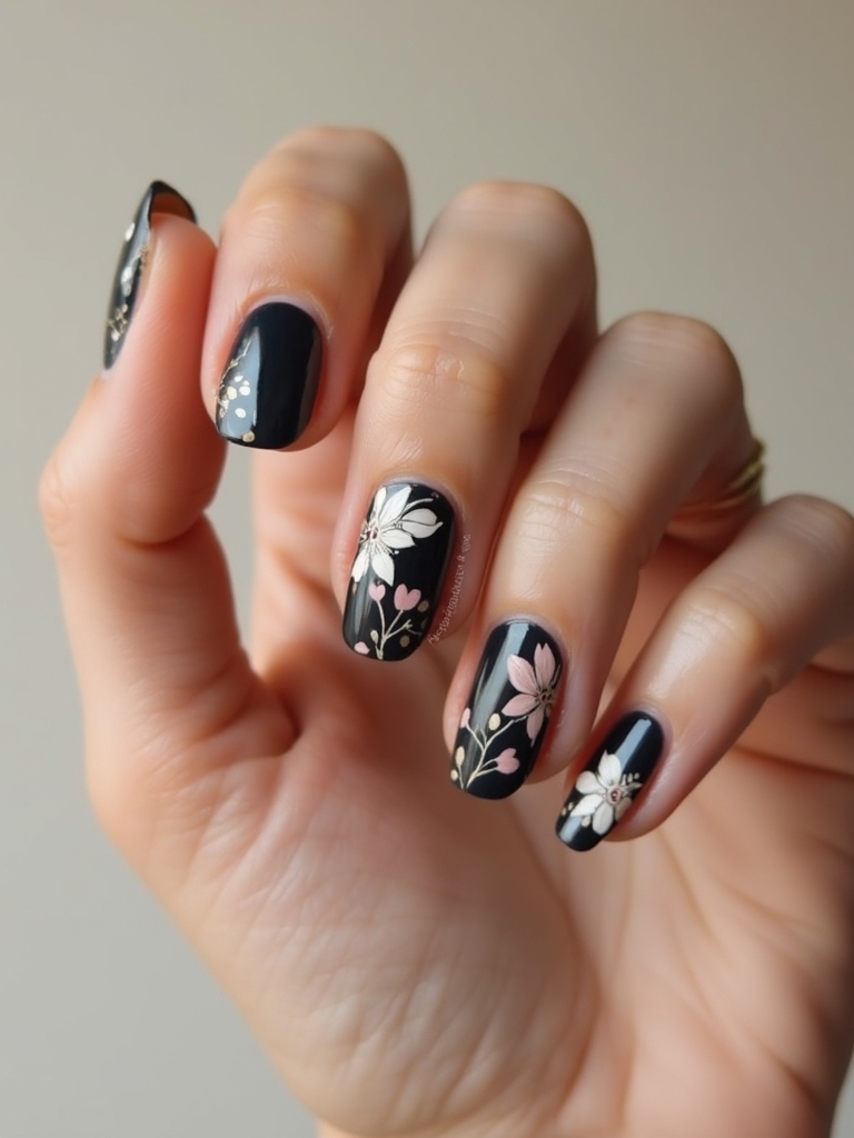 negative space glossy black florals