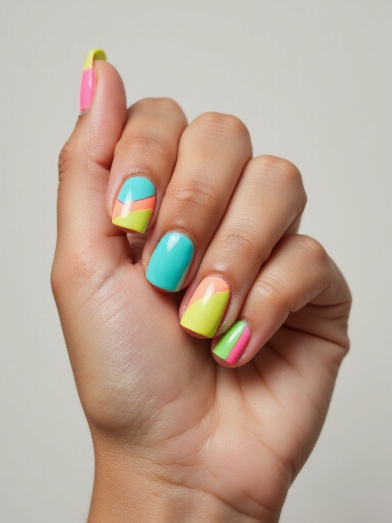 neon checkerboard lightning nails